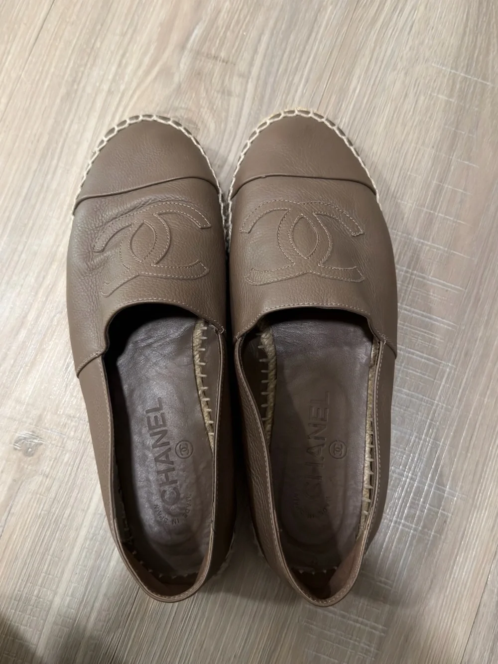 CHANEL Taupe Brown Leather Espadrilles with CC Logo